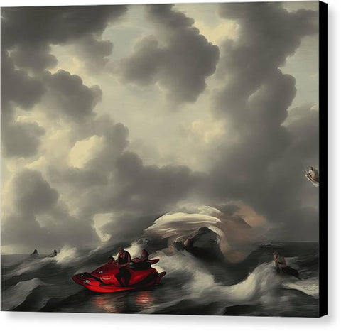 A woman paddling a red kayak through the clouds in a rough ocean