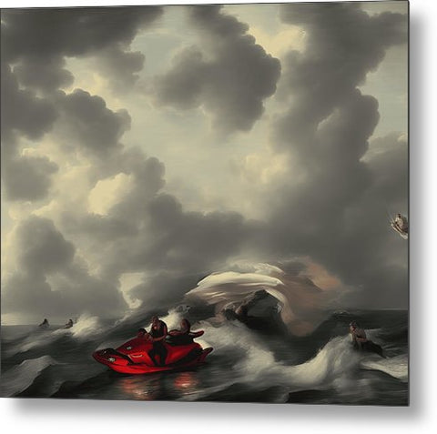 Two people are boating in a storm with white boats in the water.