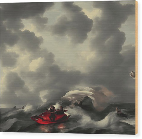 A red boat with waves crashing through the ocean in a gray water.