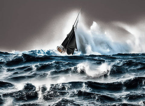 A person on a boat sailing in a rough sea with the wind coming in to play