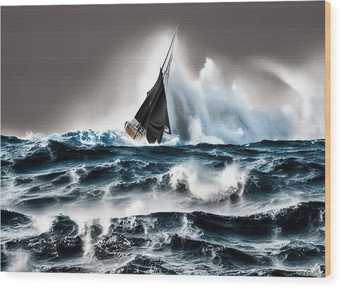 A man riding a stormy sailboat in water on a wave bank.