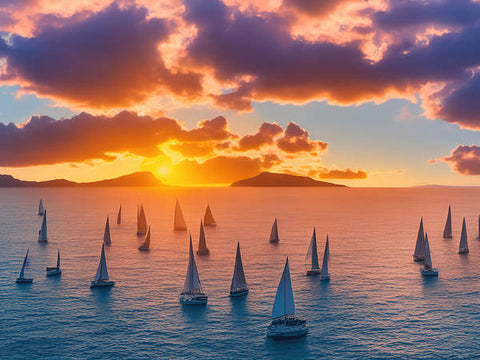 A group of sailboats are lined up for a sunset on the ocean.