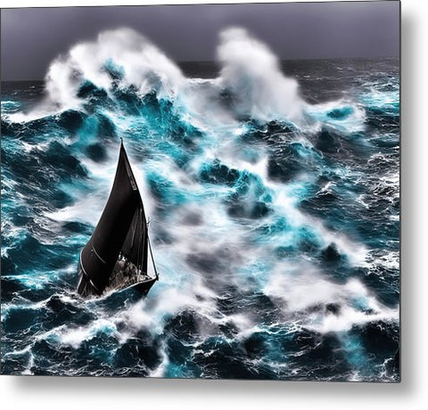 A wind sailboat sails away from an ocean with sailboats, snow, waves,