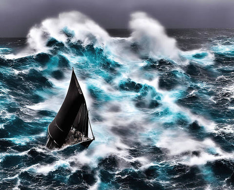 A boat under a rough swell of wind sails on the ocean.