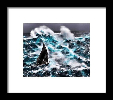 A sailboat sailing in white water on blue waves.