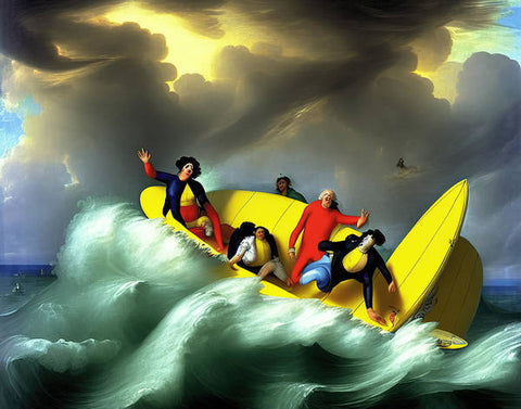 A group of people riding surf waves in the ocean in a raft.