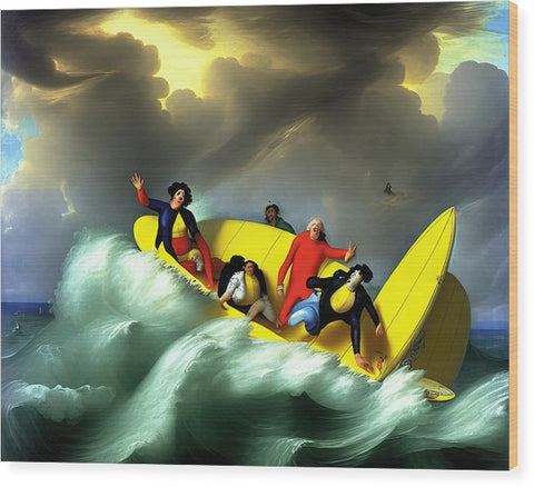Four men in surf boards riding on the side of a wave.