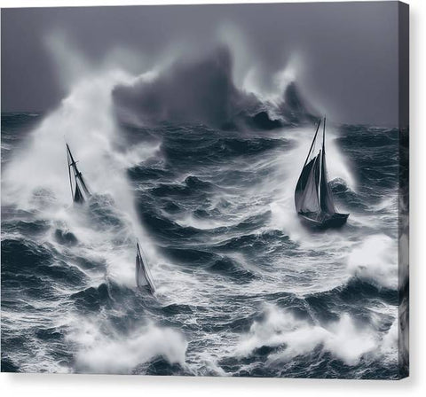 Two sailboats in a very rough storm with a person on a board that is being