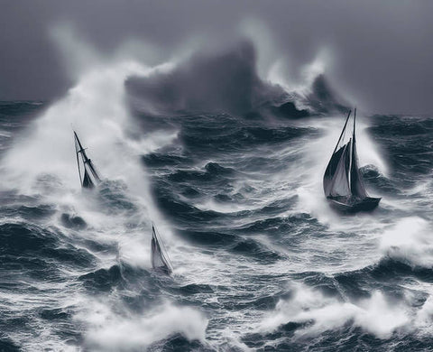 A group of sailing boats on the water sitting in a stormy ocean.