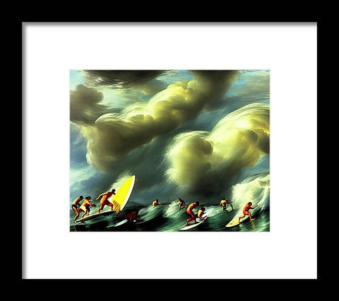 A group of surfers riding waves in the surf on a cloud.