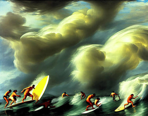 Men on their surfboards riding down a wave with a black umbrella.
