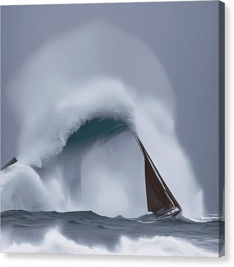 a big wave passes under a sailboat on the water