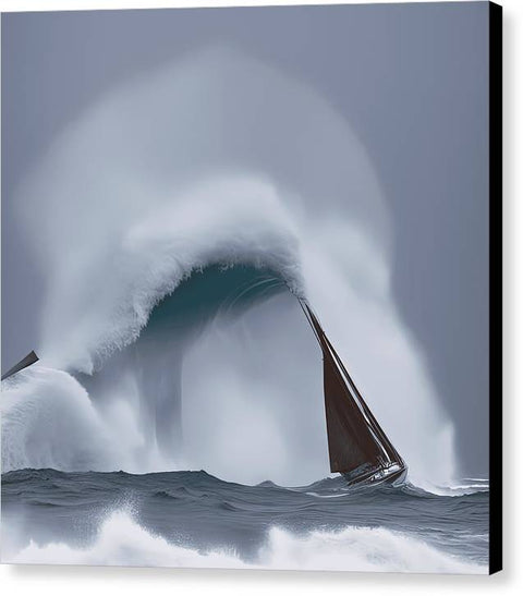 a big wave passes under a sailboat on the water