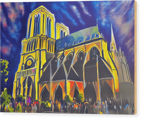 An art print painting is sitting on a cathedral wall with blue and gold colored light in