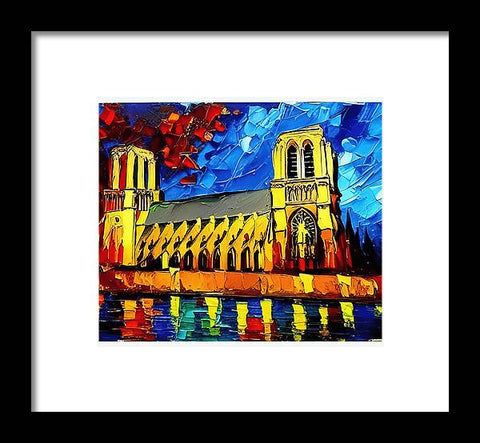 A painting of a church with a red church window view of a tower that had a