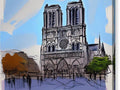 A very large colorful spray painted image with the Virgin of Notre Dame sitting on top of