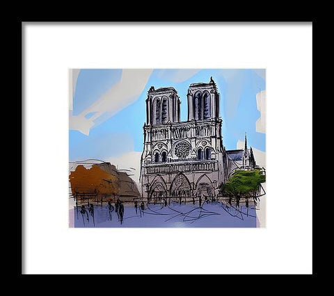 A cathedral is shown next to an art print sitting on a stone floor. and a