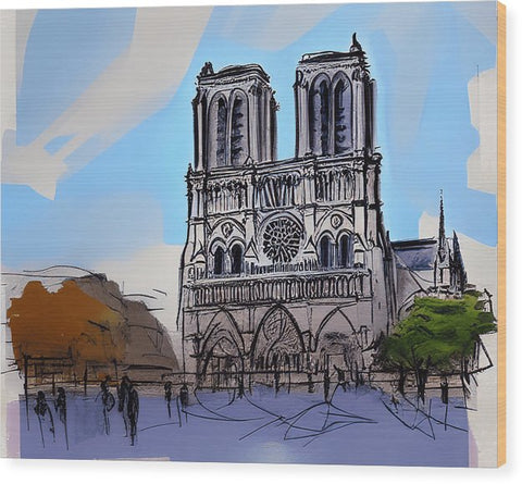 The French National Cathedral is painted on a white wall in downtown Paris.