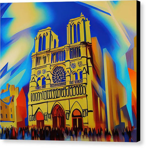 An art print painting sitting atop a top of a large cathedral