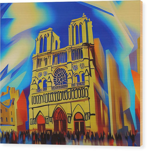 Art print of a large Gothic cathedral with people standing at a statue of a saint.