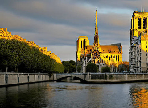 A cathedral is sitting on the side of a lake in Paris