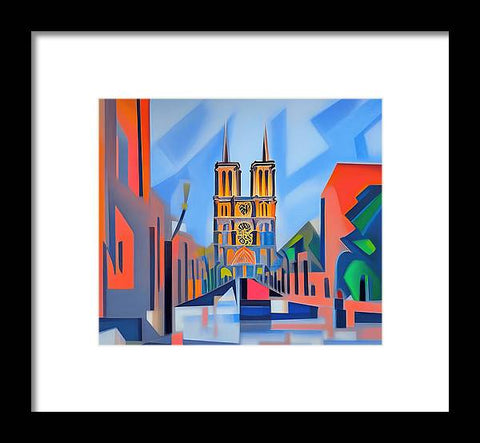 An art print of a medieval cathedral with a tower behind it.