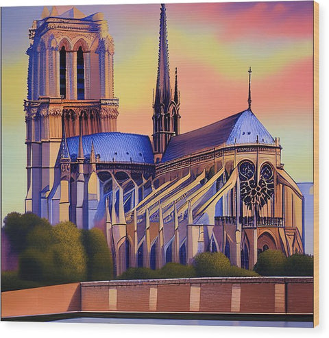 a painting of a very large cathedral with a clock on the side of it on the