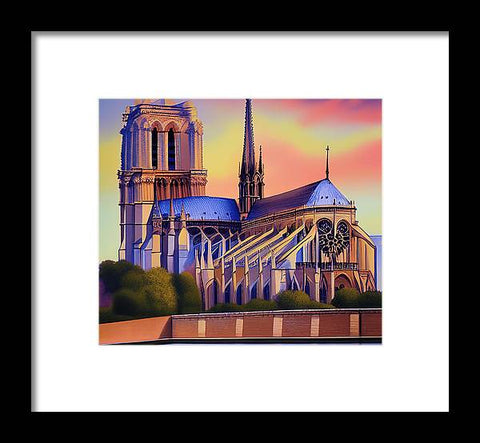 An art print of the cathedral and a tree, both surrounded by a building.