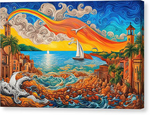Ocean Rainbow Beach Painting in Coastal City - Canvas Print