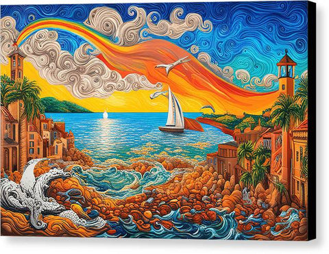 Ocean Rainbow Beach Painting in Coastal City - Canvas Print