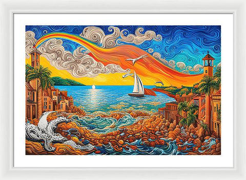 Ocean Rainbow Beach Painting in Coastal City - Framed Print
