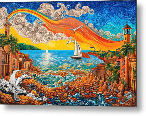 Ocean Rainbow Beach Painting in Coastal City - Metal Print