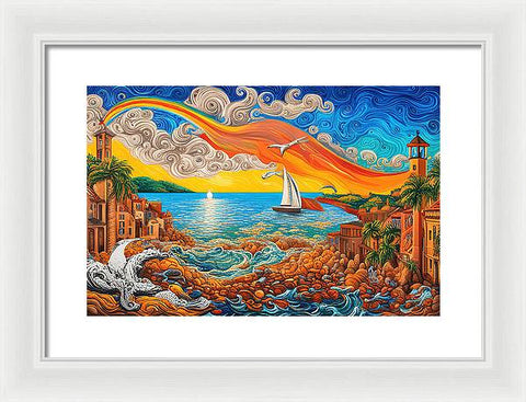 Ocean Rainbow Beach Painting in Coastal City - Framed Print