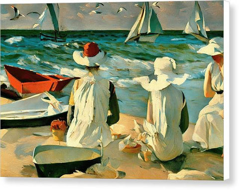 Realist Traditional Beach Painting with Women in Bonnets - Canvas Print