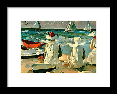 Realist Traditional Beach Painting with Women in Bonnets - Framed Print