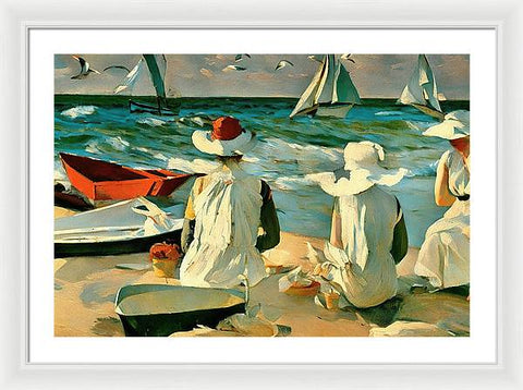 Realist Traditional Beach Painting with Women in Bonnets - Framed Print