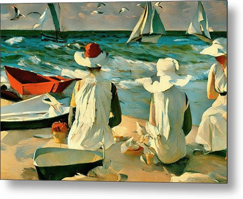 Realist Traditional Beach Painting with Women in Bonnets - Metal Print