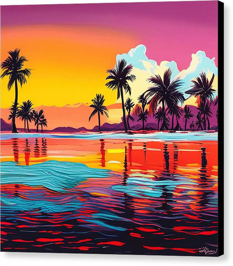 Red Sunset and Palms Pop Art Style Coastal Art - Canvas Print