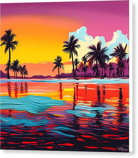 Red Sunset and Palms Pop Art Style Coastal Art - Canvas Print