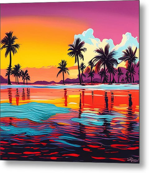Red Sunset and Palms Pop Art Style Coastal Art - Metal Print