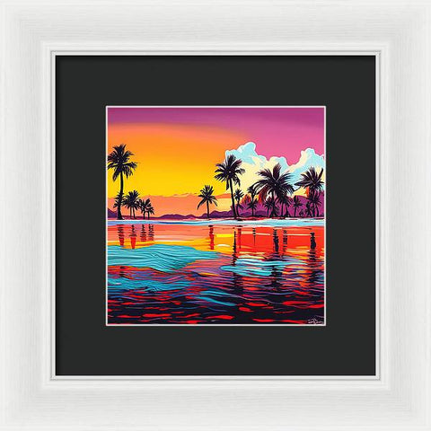 Red Sunset and Palms Pop Art Style Coastal Art - Framed Print