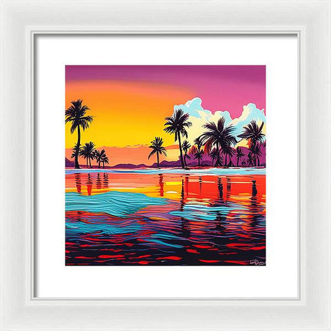 Red Sunset and Palms Pop Art Style Coastal Art - Framed Print