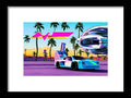 Art prints on canvas next to a large car with some colorful cars and scenery