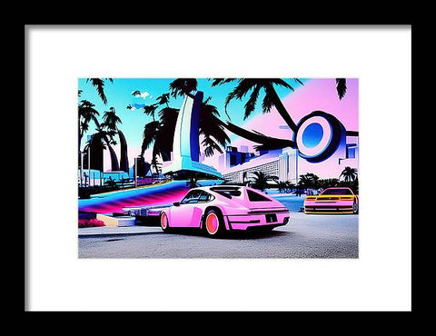An art print of some cars in Miamis ocean on a white background next to