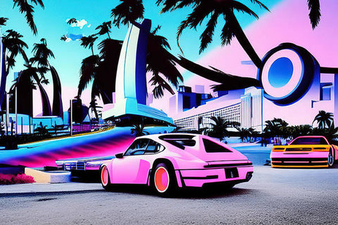 A pink Porsche car that is racing a racetrack on a street