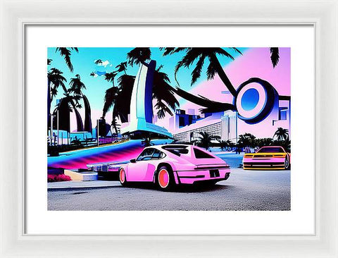 A Pink Porsche on the Racetrack - Framed Print