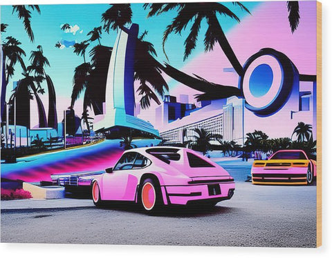 A piece of paper print from a photograph of a city of Miami with a car