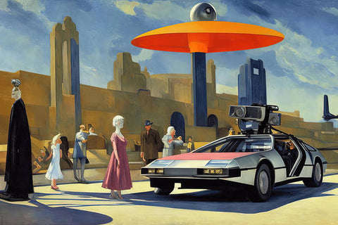 A young boy is standing in front of a flying car in front a city