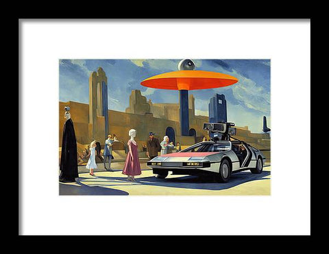 A black and white painting of the Starship Enterprise on a piece of paper near several cars