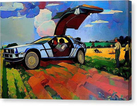 A car and an artist painting in a blue background